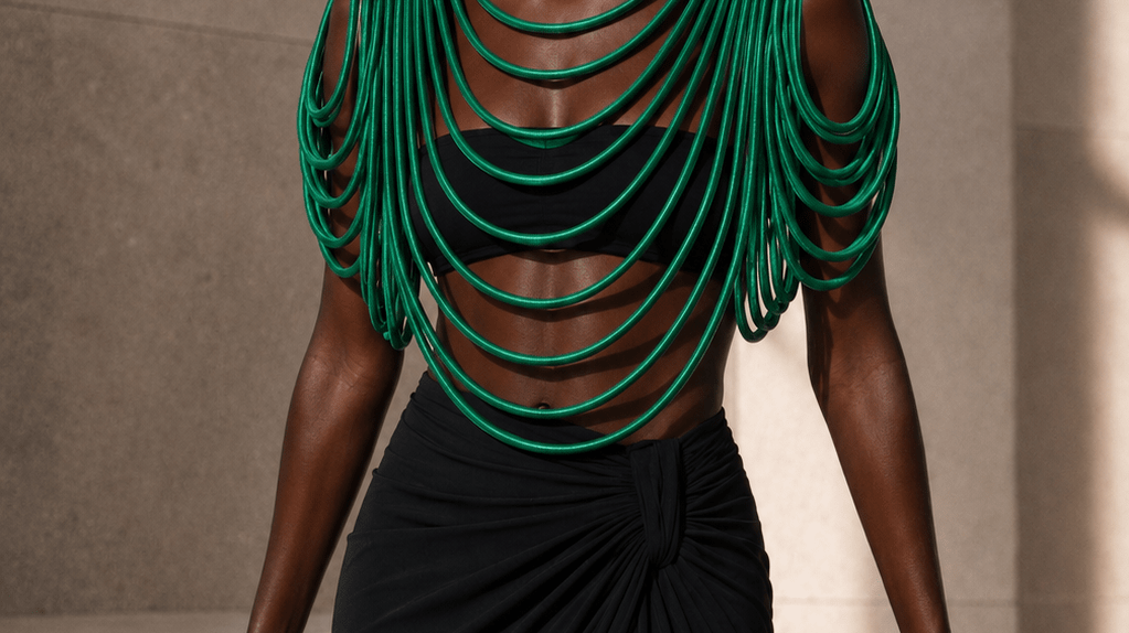Model wearing the Eden Amour Necklace in green — chunky maximalist African statement jewelry from TruFaceByGrace