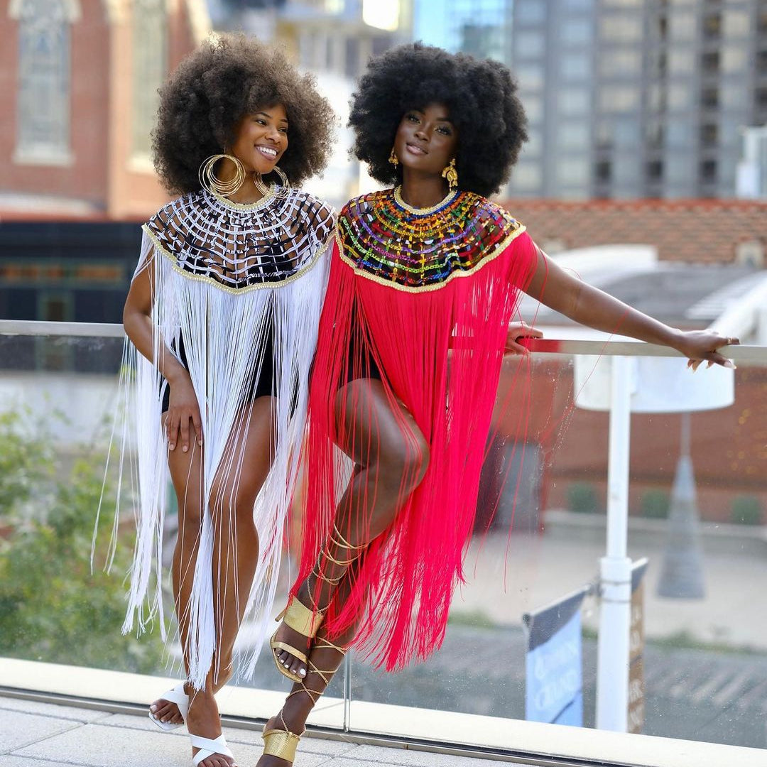 Queen Ankara Laced /Laticed Long Fringe Cape - Pearl Trim - Trufacebygrace