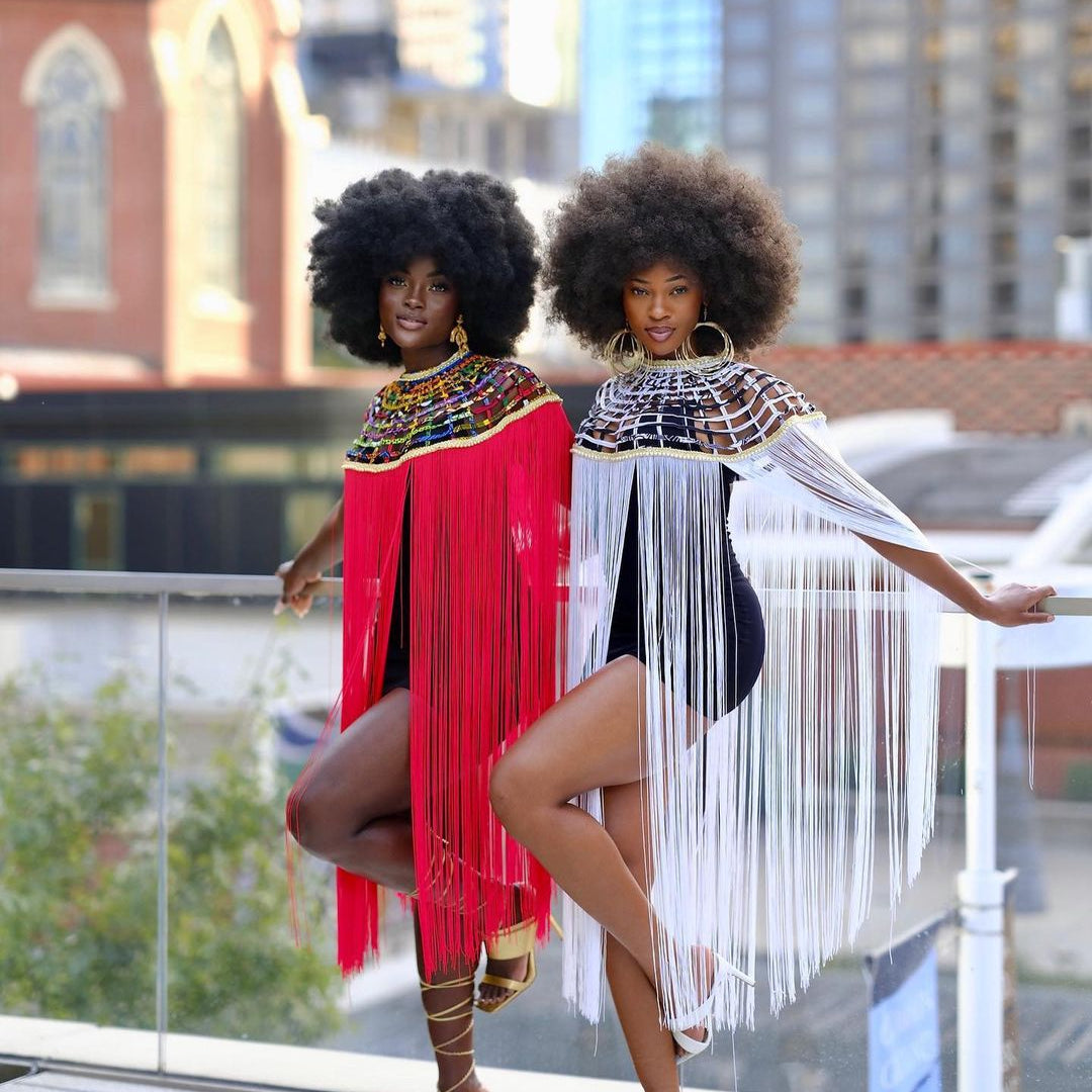Queen Ankara Laced /Laticed Long Fringe Cape - Pearl Trim - Trufacebygrace