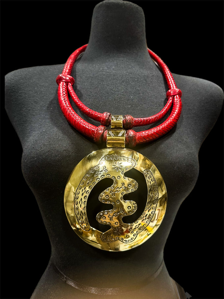 Papano Double leather and Oversized brass pendant Necklace