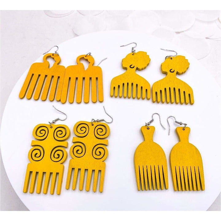 Afro comb and adinkra symbols Wooden Earrings - Trufacebygrace