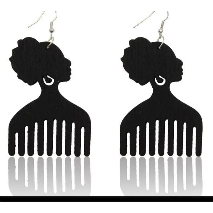 Afro comb and adinkra symbols Wooden Earrings - Trufacebygrace