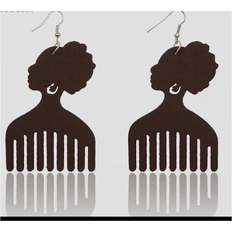 Afro comb and adinkra symbols Wooden Earrings - Trufacebygrace