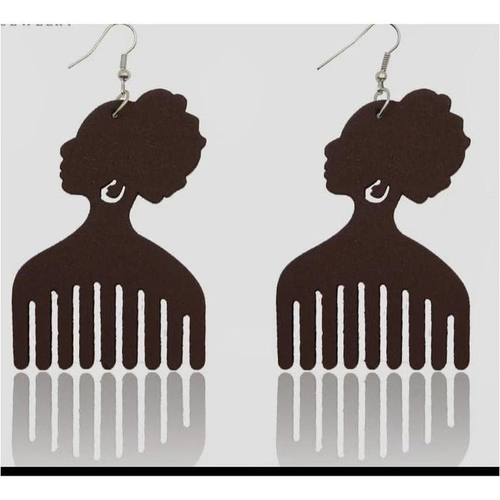 Afro comb and adinkra symbols Wooden Earrings - Trufacebygrace