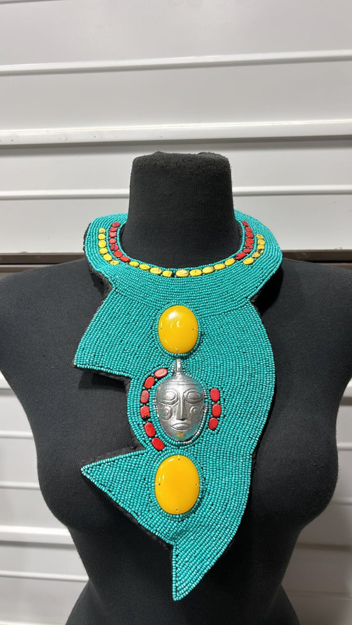 Ancient Aura Mask and beads Statement Necklace Beaded Collar Neckpiece - Trufacebygrace