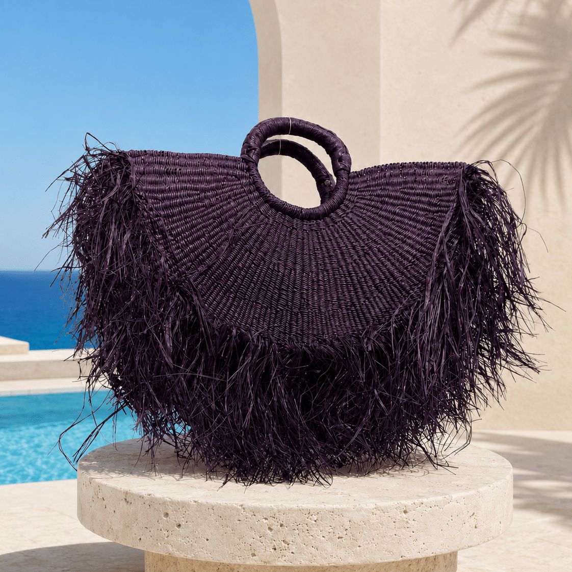 : Aubergine Short Fringe Raffia Bag - Trufacebygrace