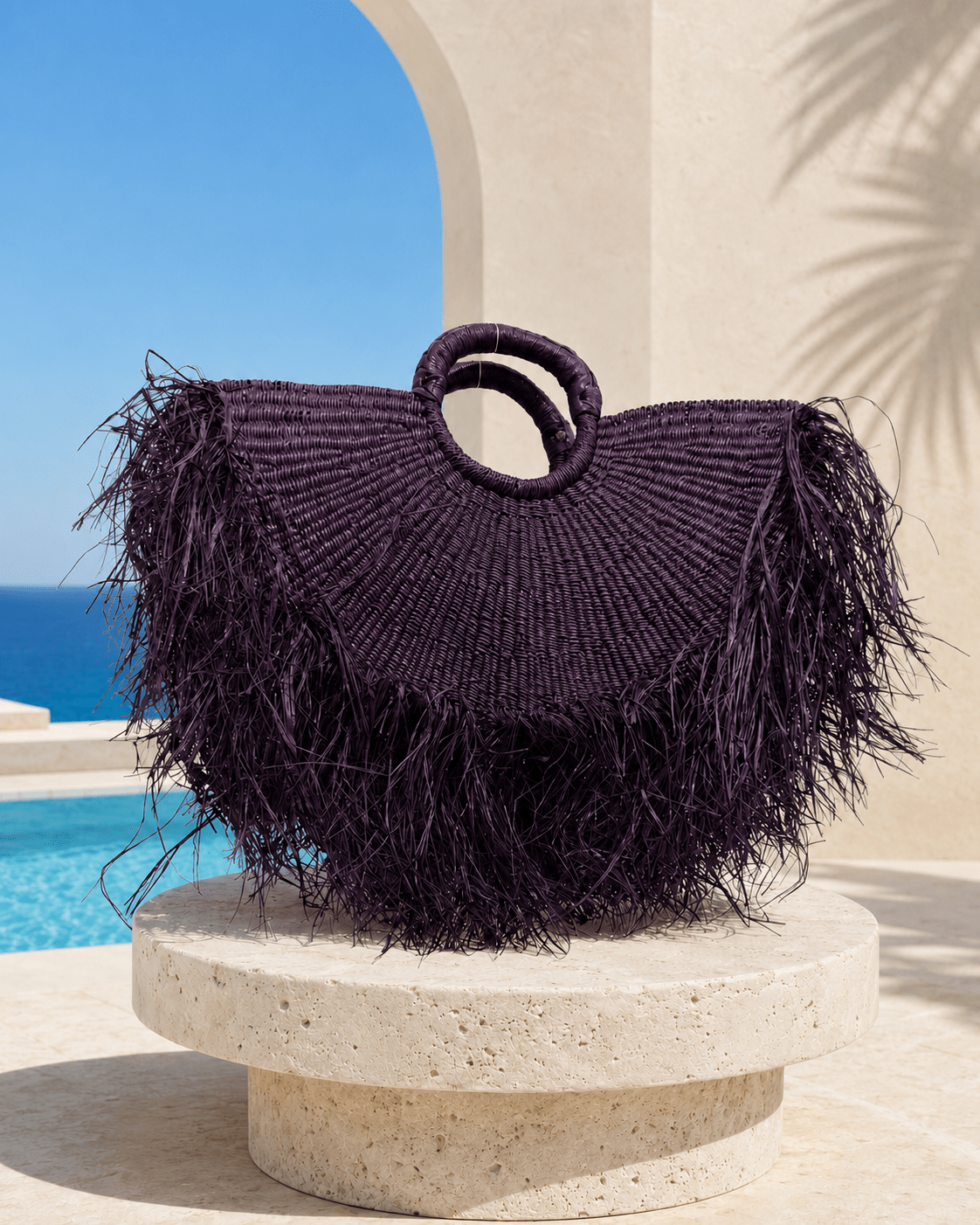 : Aubergine Short Fringe Raffia Bag - Trufacebygrace
