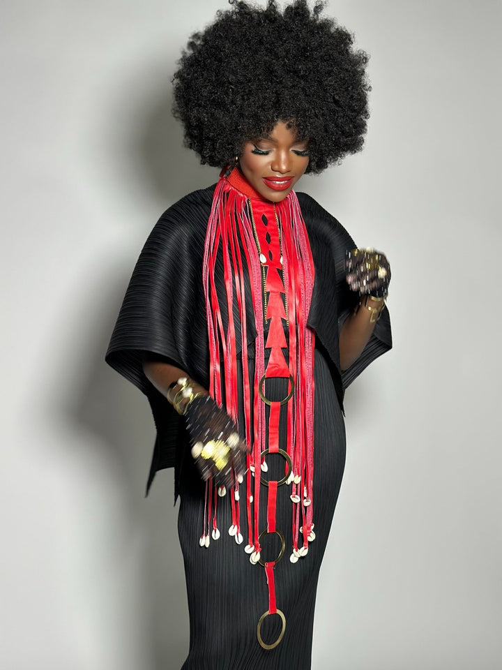 Beaded Collar, cowry and faux leather fringe necklace - Trufacebygrace