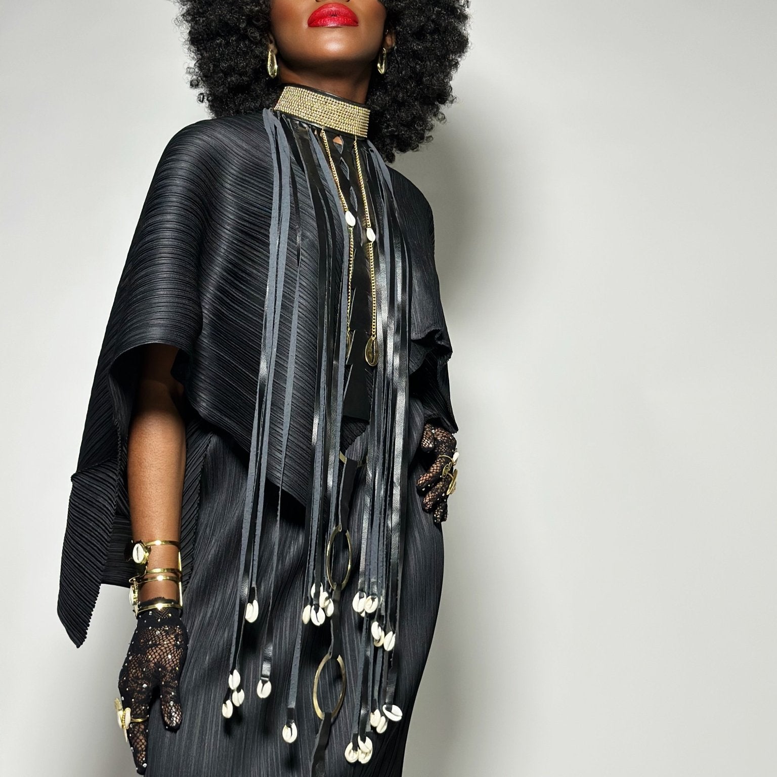Beaded Collar, cowry and faux leather fringe necklace - Trufacebygrace