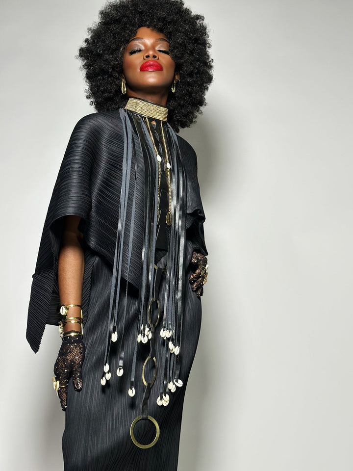 Beaded Collar, cowry and faux leather fringe necklace - Trufacebygrace