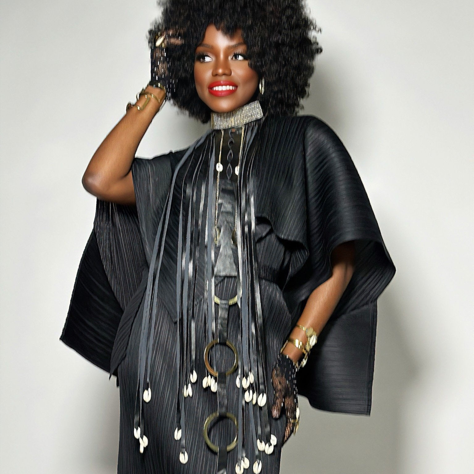 Beaded Collar, cowry and faux leather fringe necklace - Trufacebygrace