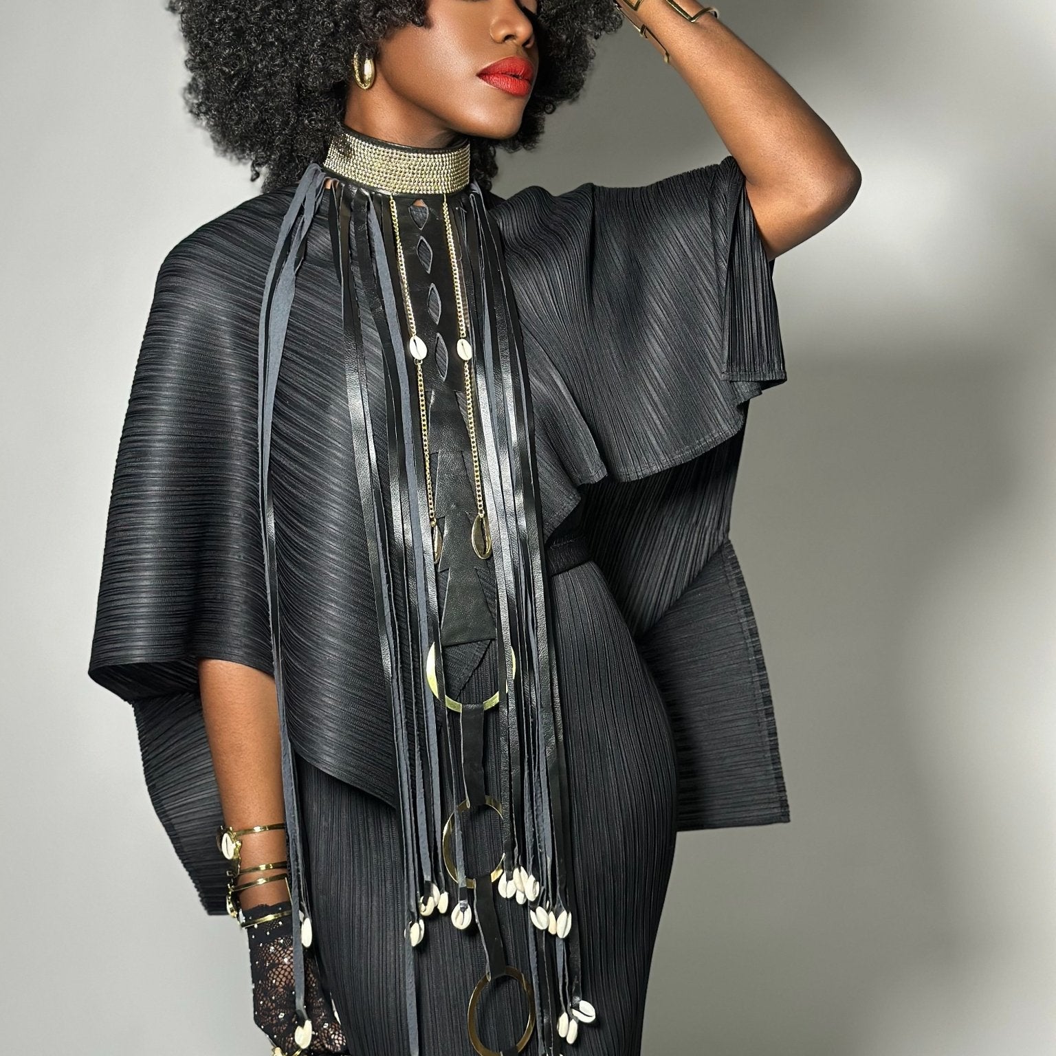 Beaded Collar, cowry and faux leather fringe necklace - Trufacebygrace