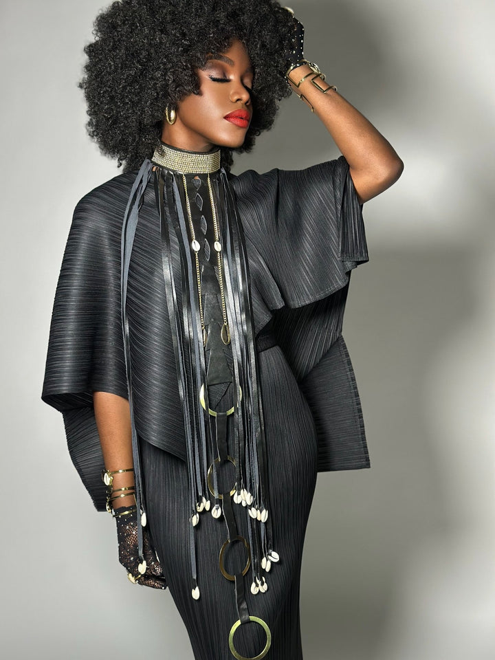 Beaded Collar, cowry and faux leather fringe necklace - Trufacebygrace