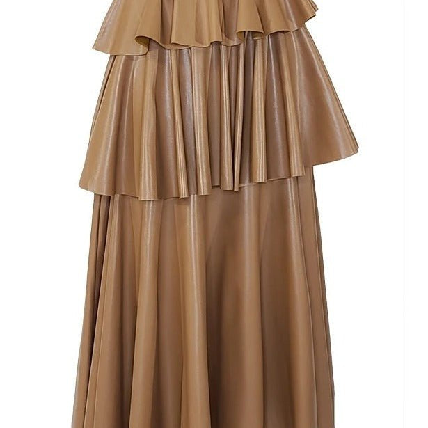 Fatima Tiered Faux Leather Midi Skirt - Trufacebygrace