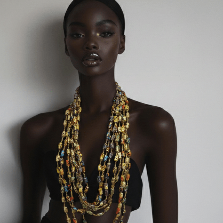 Gold - Woven Ankara Fabric Link Necklace - Trufacebygrace