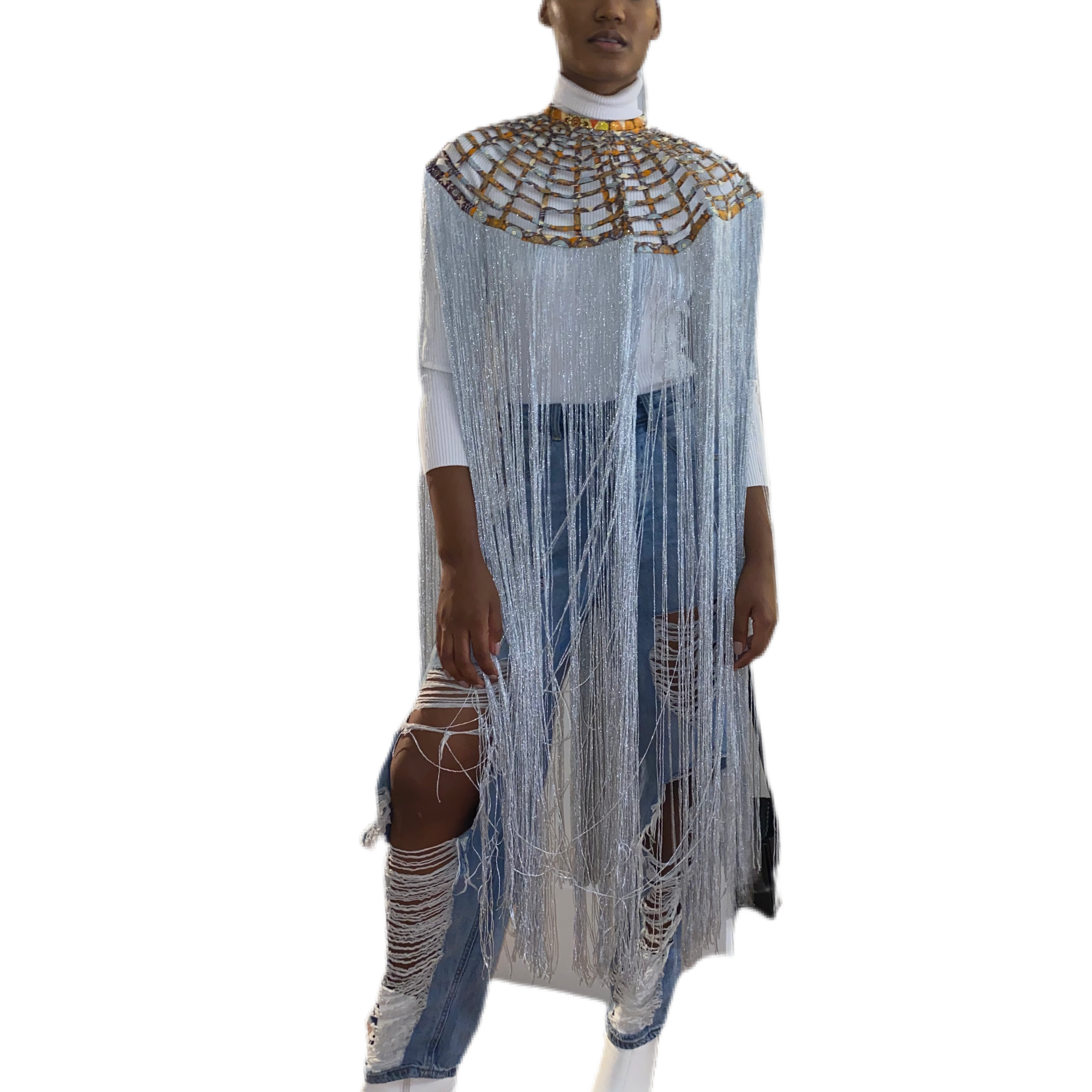 Queen Ankara Laced /Laticed Long Fringe Cape - Pearl Trim - Trufacebygrace