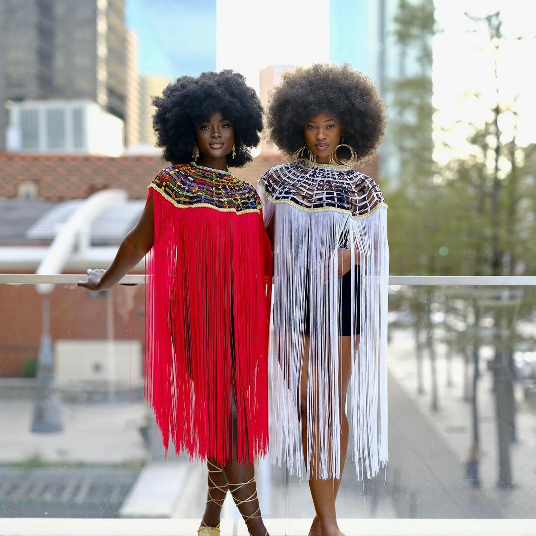 Queen Ankara Laced /Laticed Long Fringe Cape - Pearl Trim - Trufacebygrace