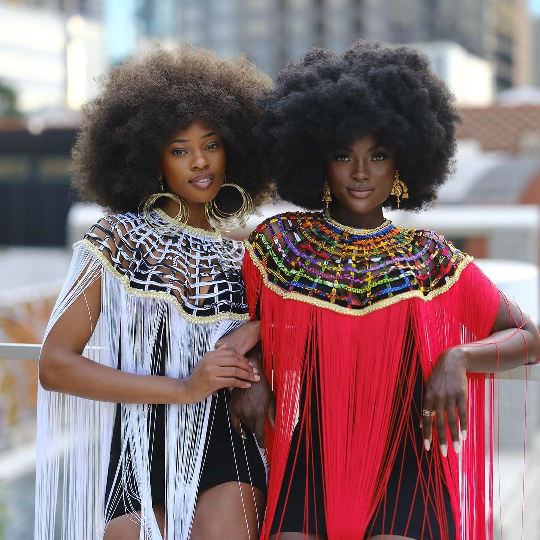 Queen Ankara Laced /Laticed Long Fringe Cape - Pearl Trim - Trufacebygrace