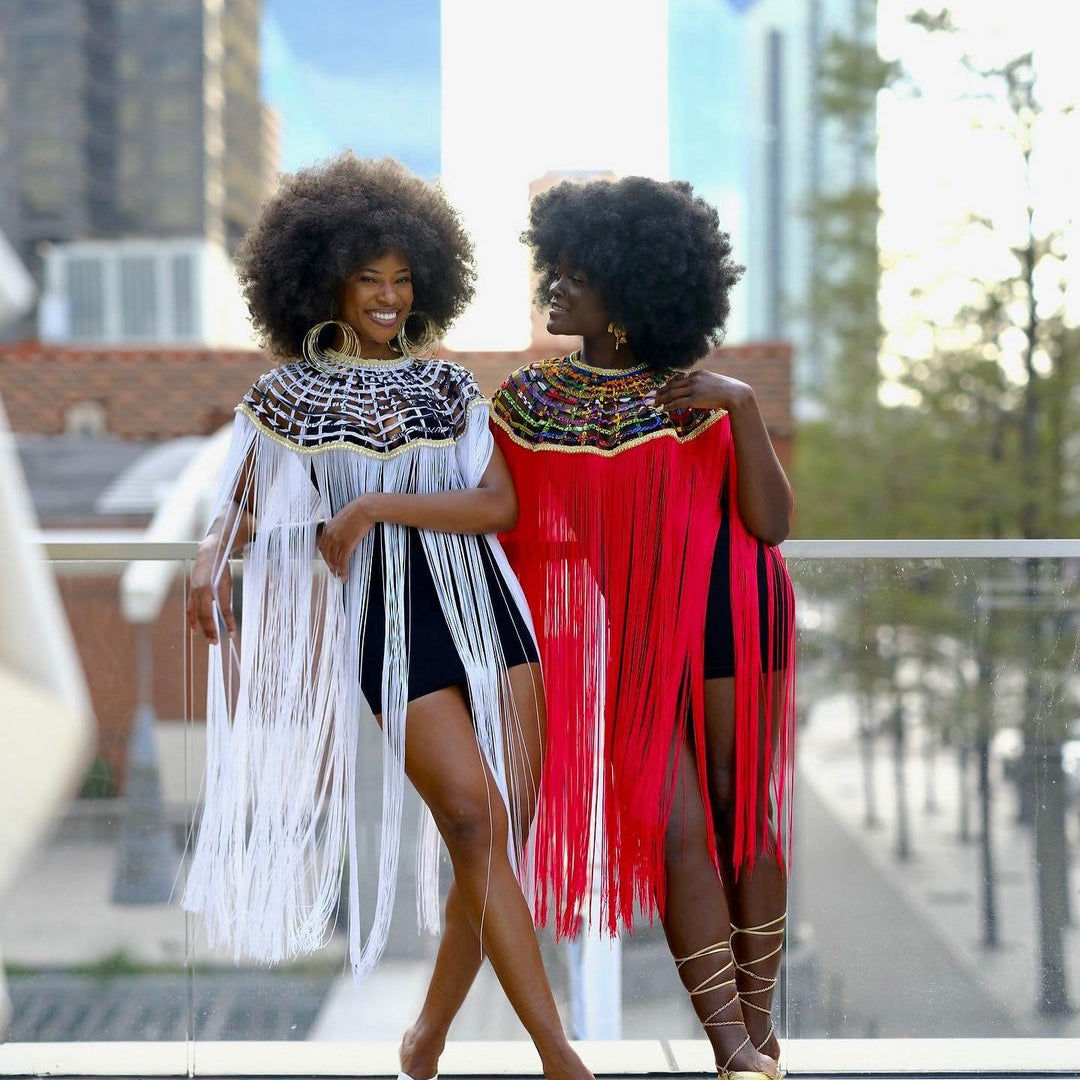 Queen Ankara Laced /Laticed Long Fringe Cape - Pearl Trim - Trufacebygrace