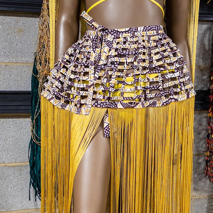Imari Mettalic Ankara with Fringe Convertible Cover Up/ Cape/ Skirt - Trufacebygrace