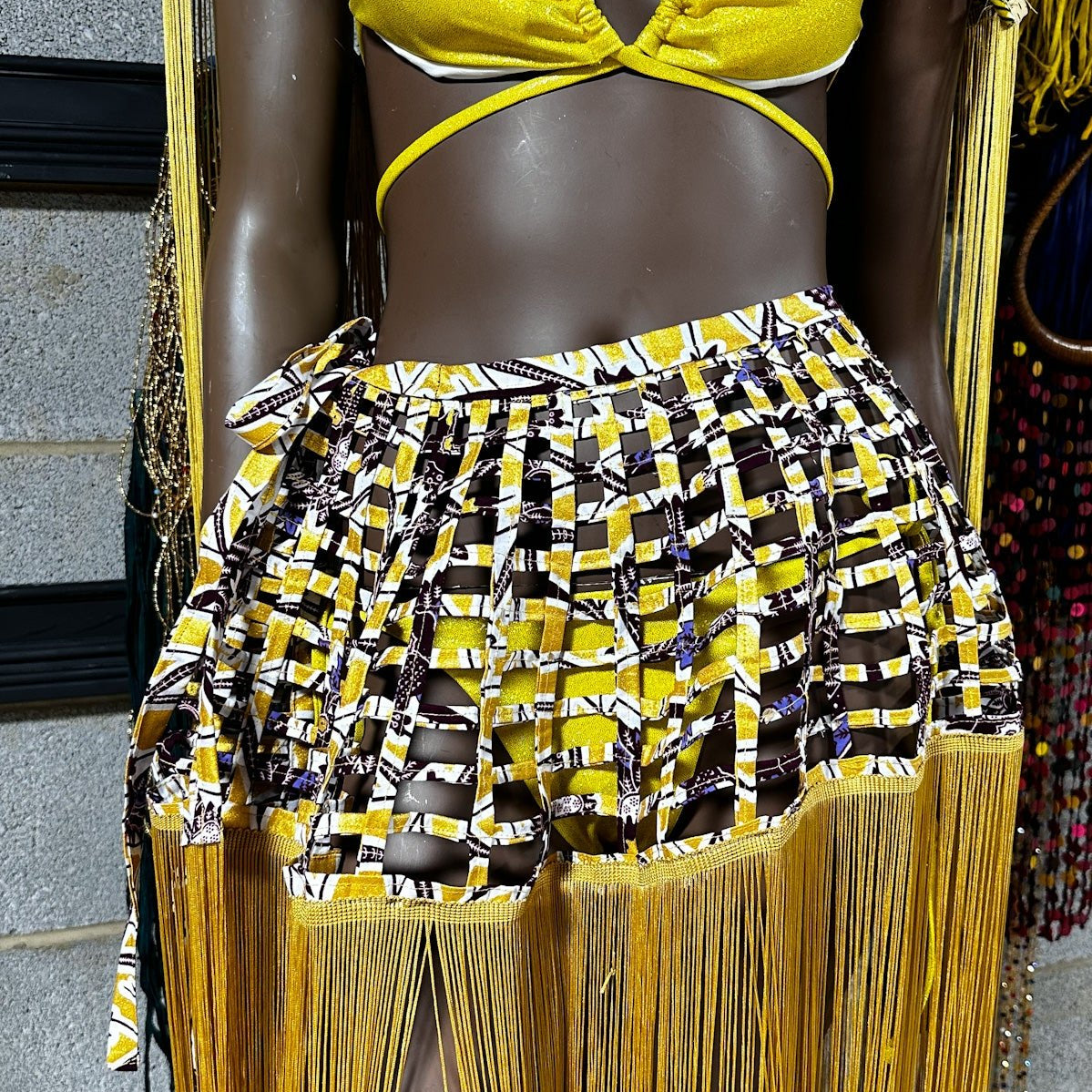 Imari Mettalic Ankara with Fringe Convertible Cover Up/ Cape/ Skirt - Trufacebygrace
