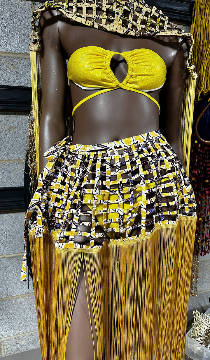 Imari Mettalic Ankara with Fringe Convertible Cover Up/ Cape/ Skirt - Trufacebygrace