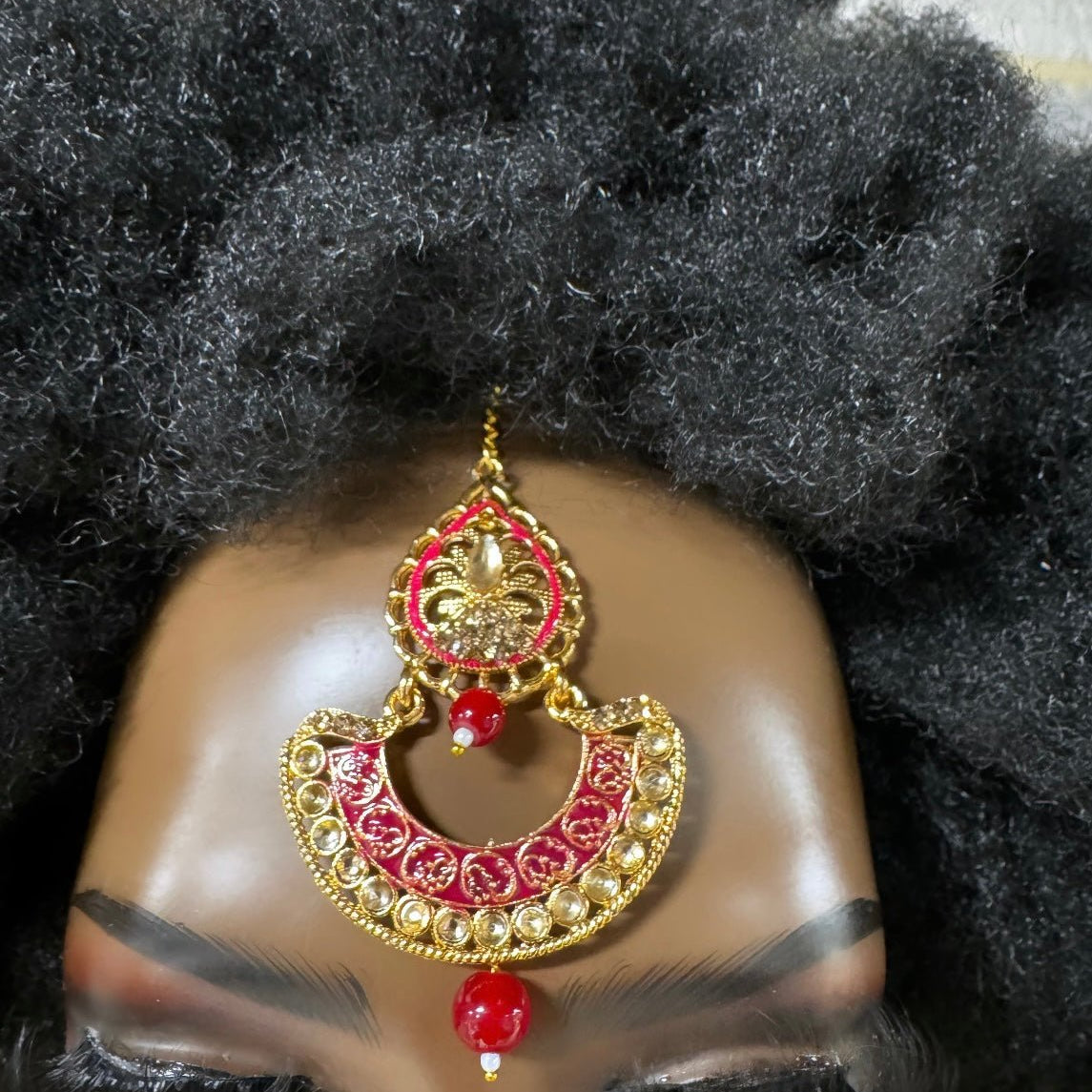 Maang tikka head piece and Ruby Red Earrings Set - Trufacebygrace