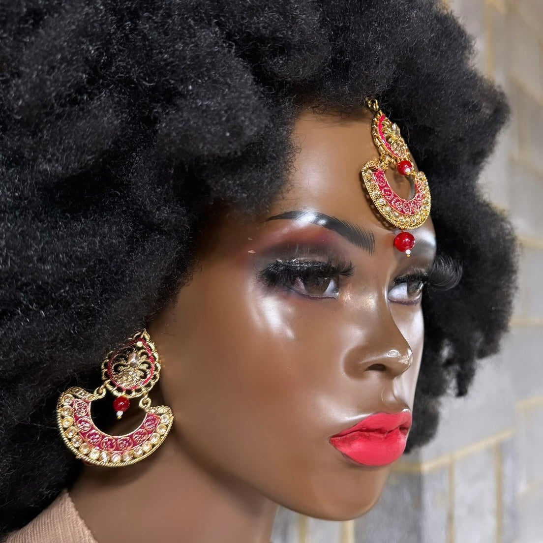 Maang tikka head piece and Ruby Red Earrings Set - Trufacebygrace
