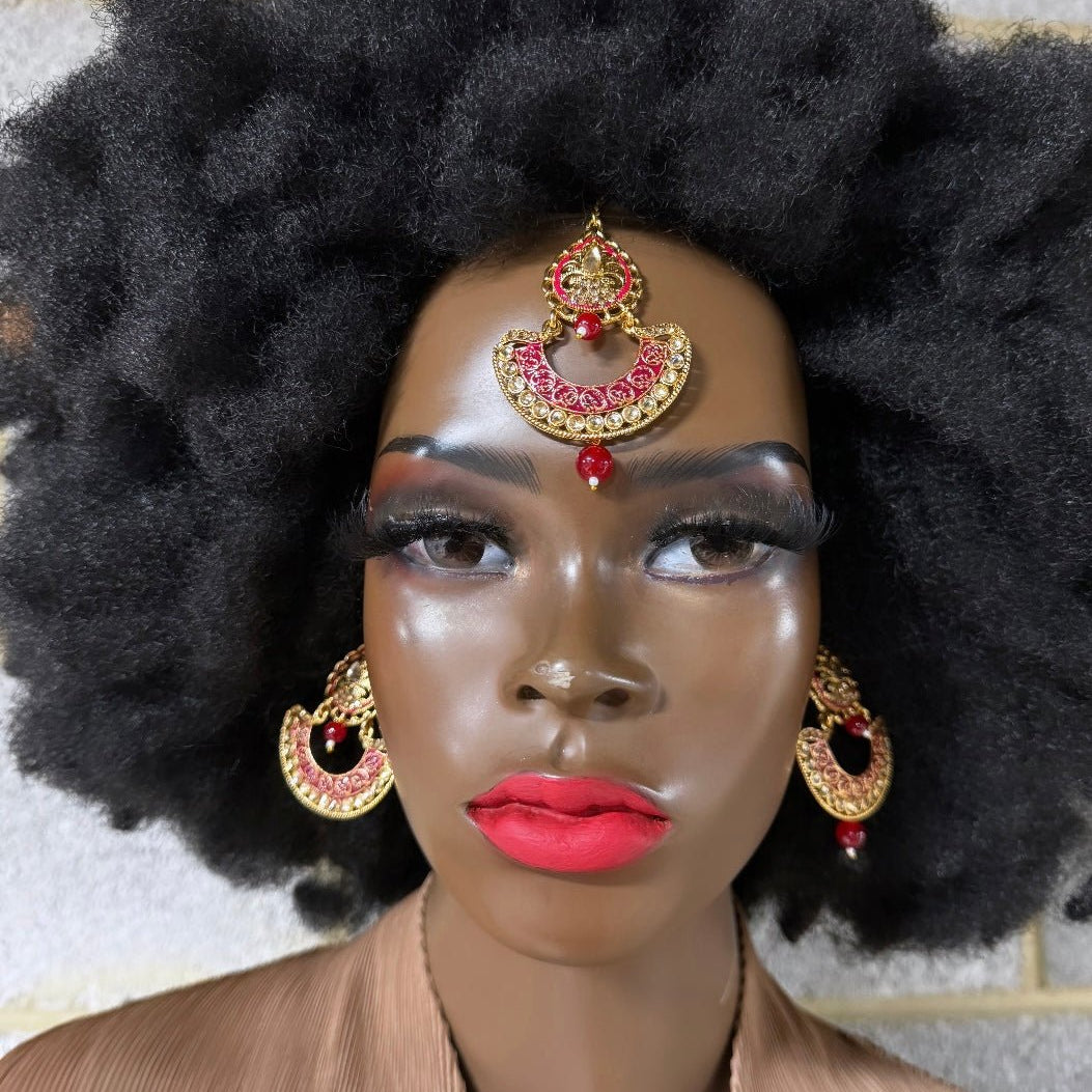 Maang tikka head piece and Ruby Red Earrings Set - Trufacebygrace
