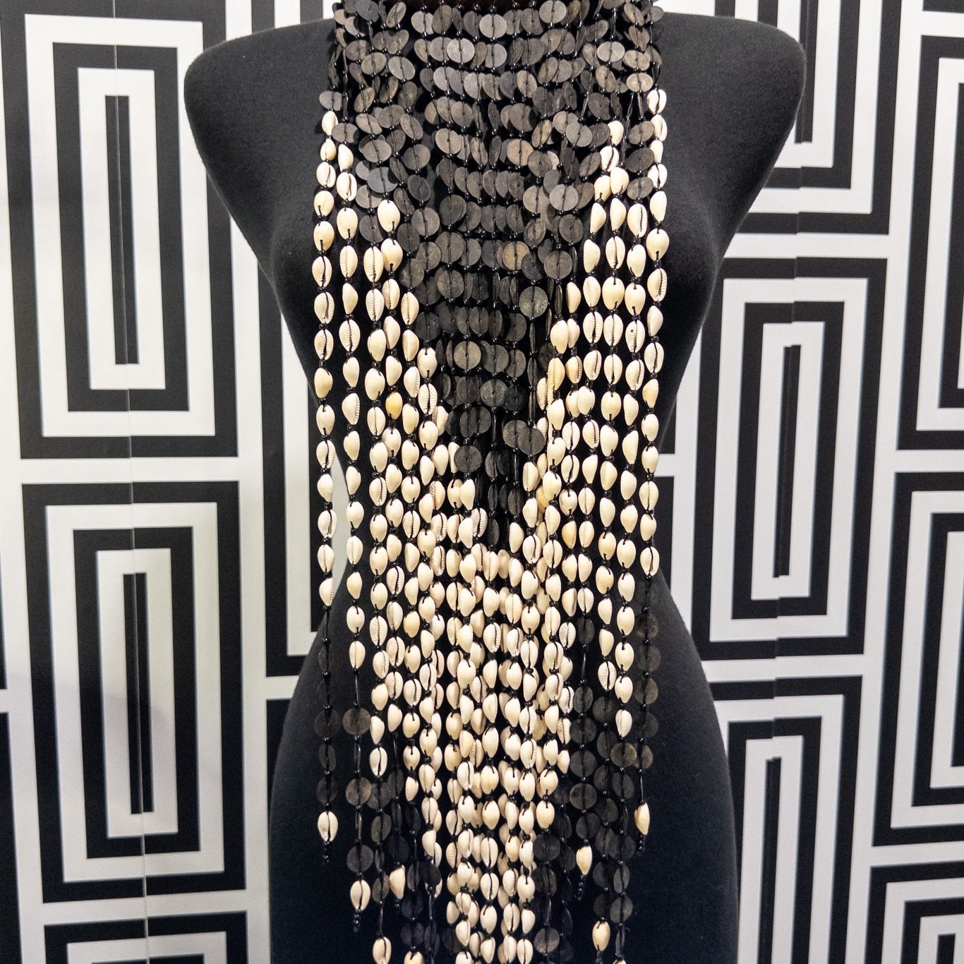 Meraki Extra Long vintage Vinyl, Cowry Shell and Leather Necklace - Trufacebygrace
