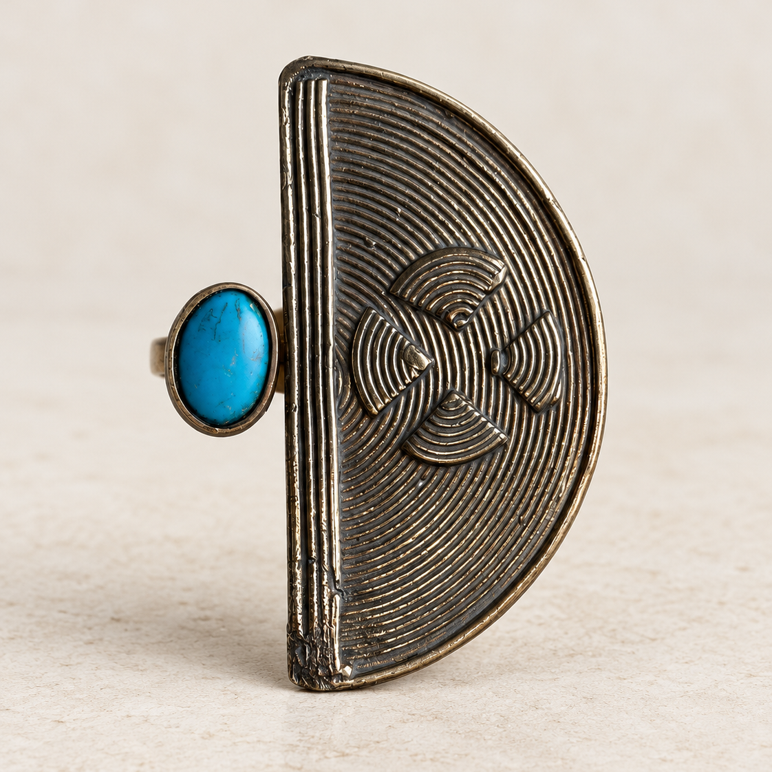 Nuru Arc Turquoise Half-Moon adjustable artisanal brass statement ring