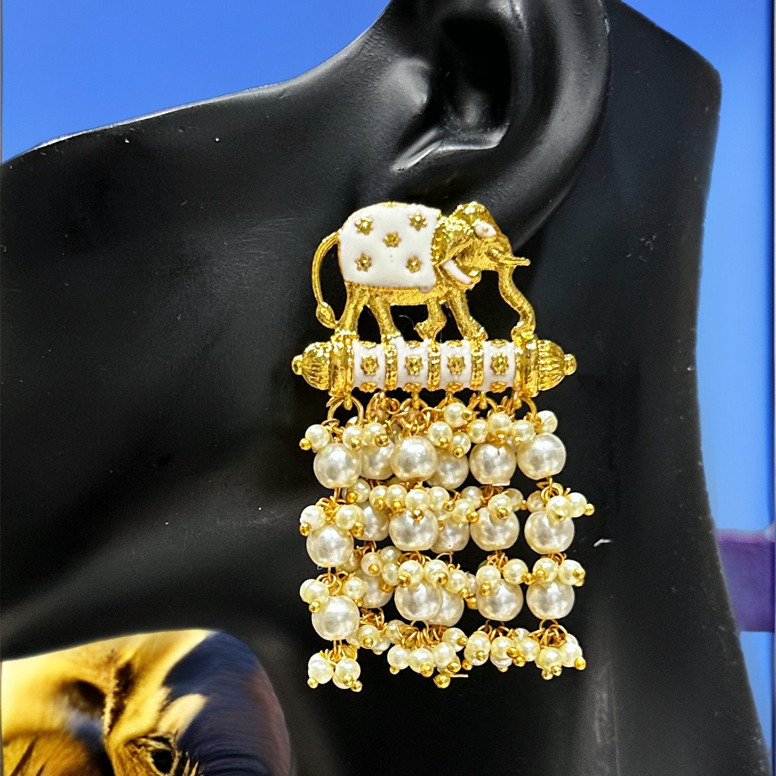 Osuno Elephant Pearl Kundan Meenakari Earrings - Trufacebygrace