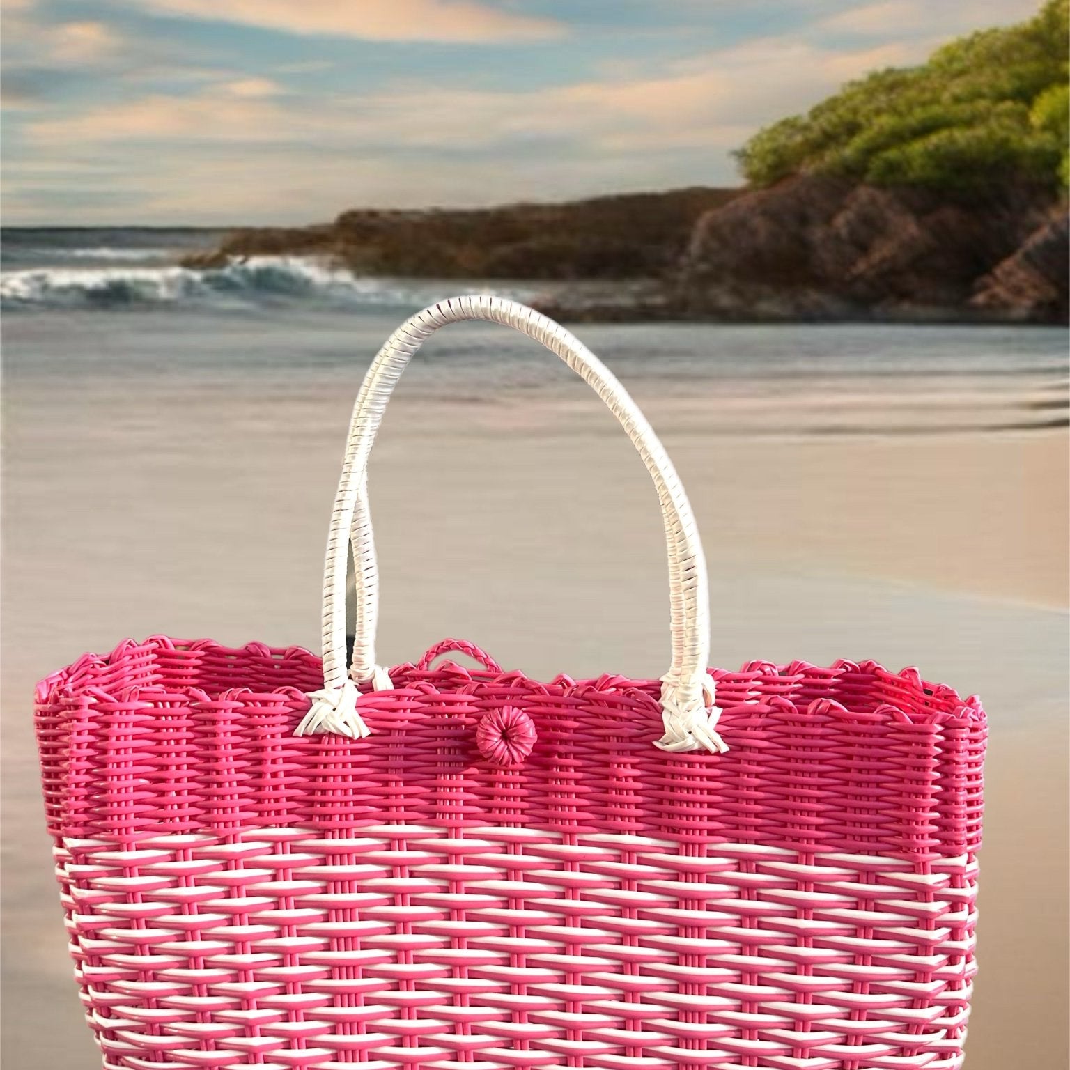 Pink and White Striped Woven Beach Bags - Trufacebygrace
