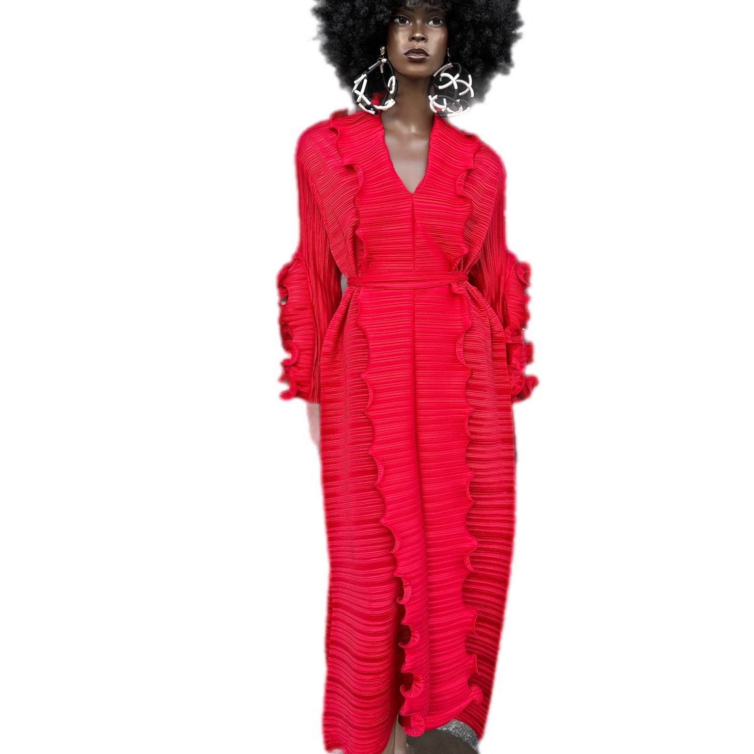 Pleated Vine Sleeve Dress with Belt - Trufacebygrace