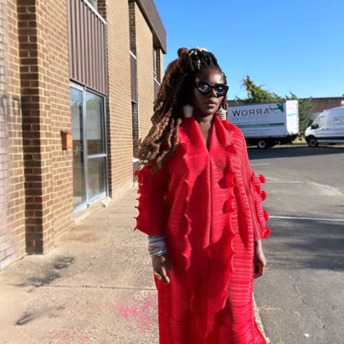 Pleated Vine Sleeve Dress with Belt - Trufacebygrace
