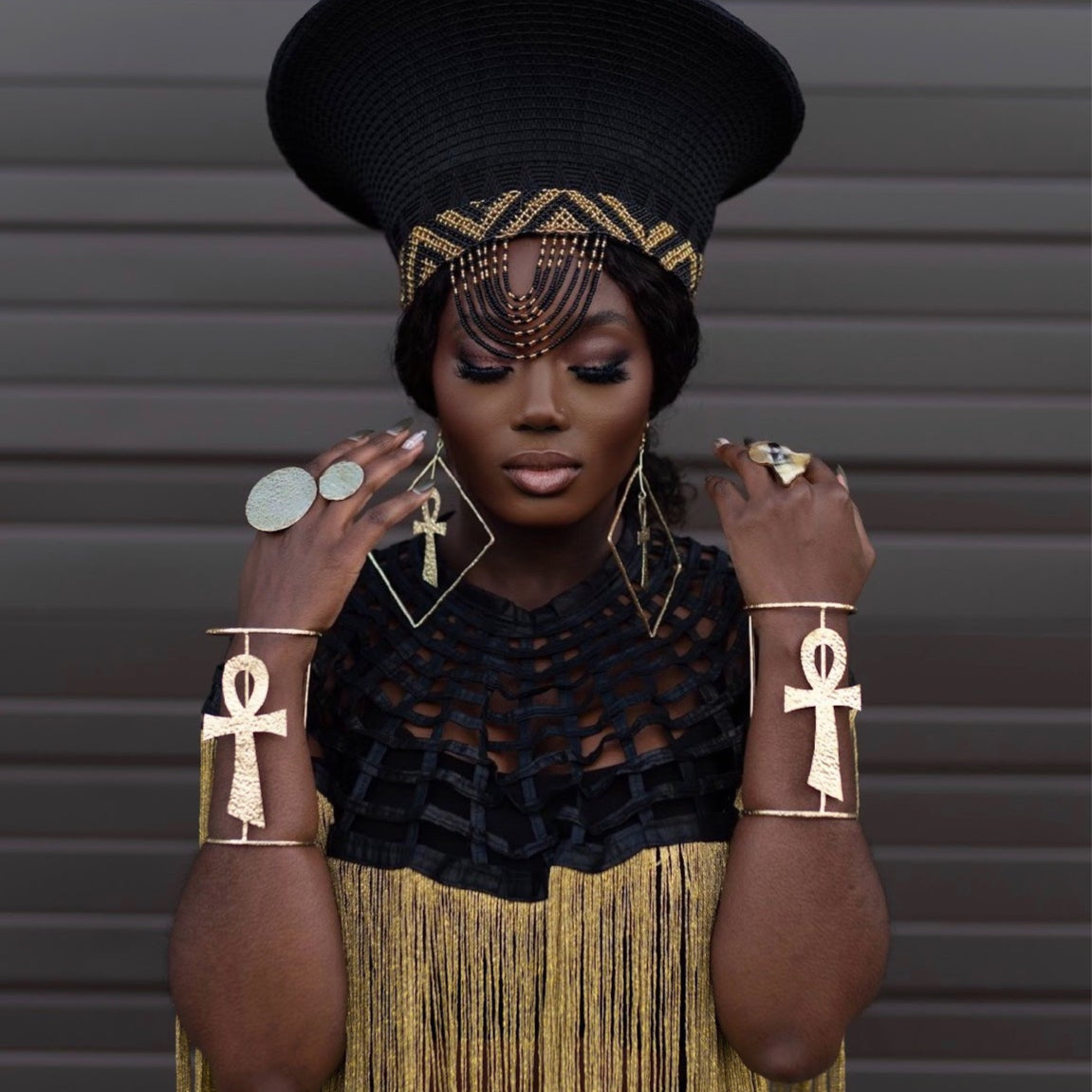 Queen Ankara Cape: Black Ankara with Mettalic Gold fringe - Trufacebygrace