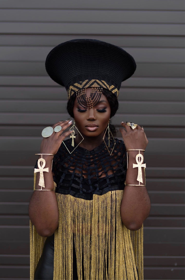 Queen Ankara Cape: Black Ankara with Mettalic Gold fringe - Trufacebygrace