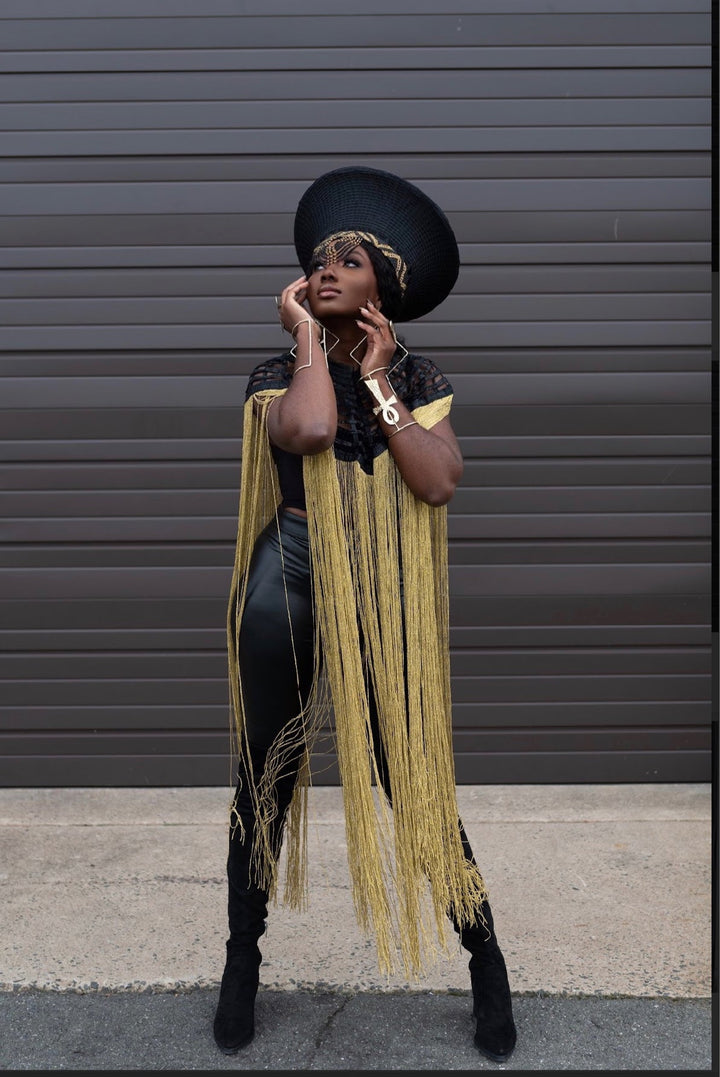 Queen Ankara Cape: Black Ankara with Mettalic Gold fringe - Trufacebygrace