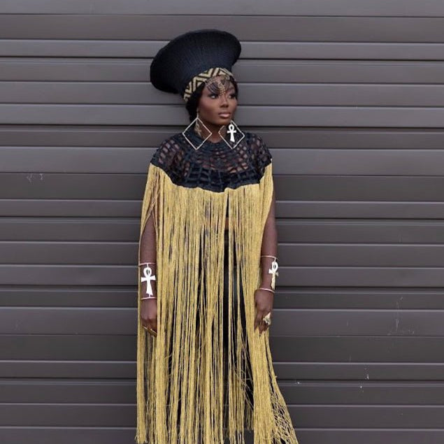 Queen Ankara Cape: Black Ankara with Mettalic Gold fringe - Trufacebygrace