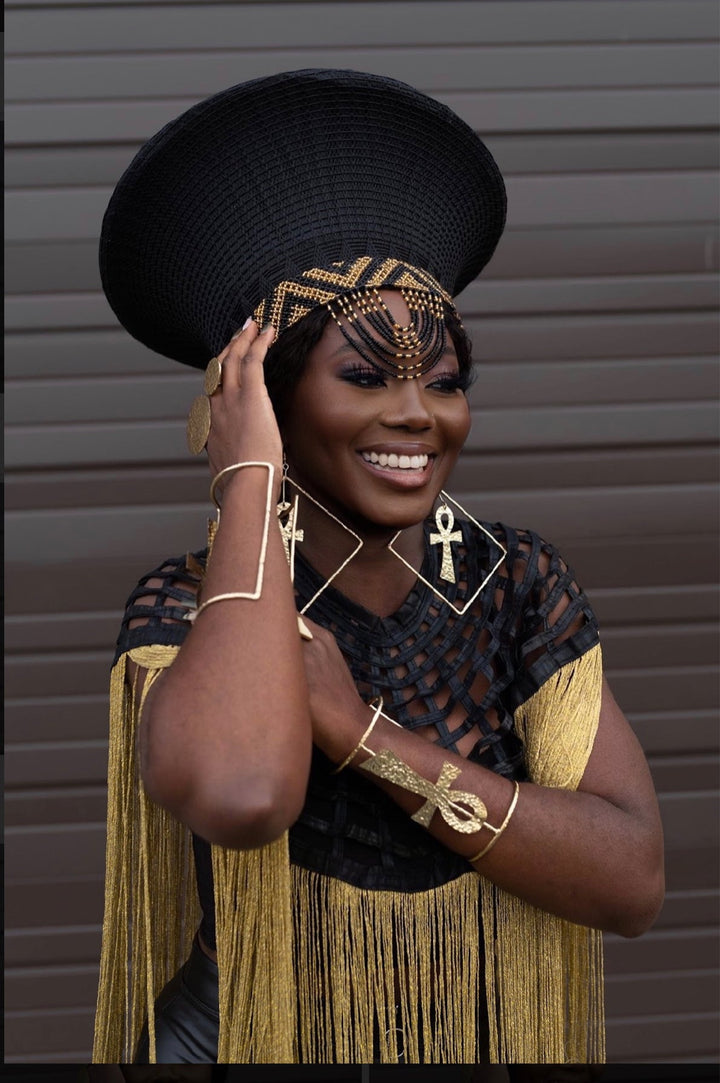 Queen Ankara Cape: Black Ankara with Mettalic Gold fringe - Trufacebygrace