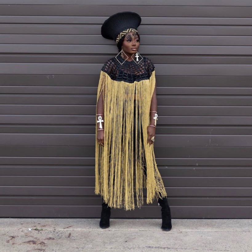 Queen Ankara Cape: Black Ankara with Mettalic Gold fringe - Trufacebygrace
