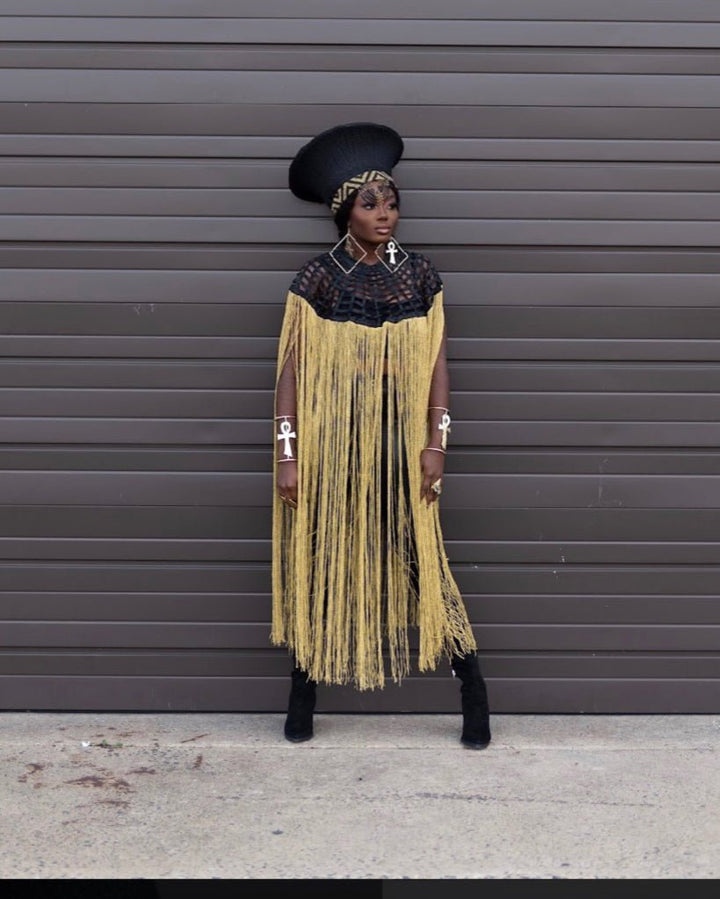 Queen Ankara Cape: Black Ankara with Mettalic Gold fringe - Trufacebygrace