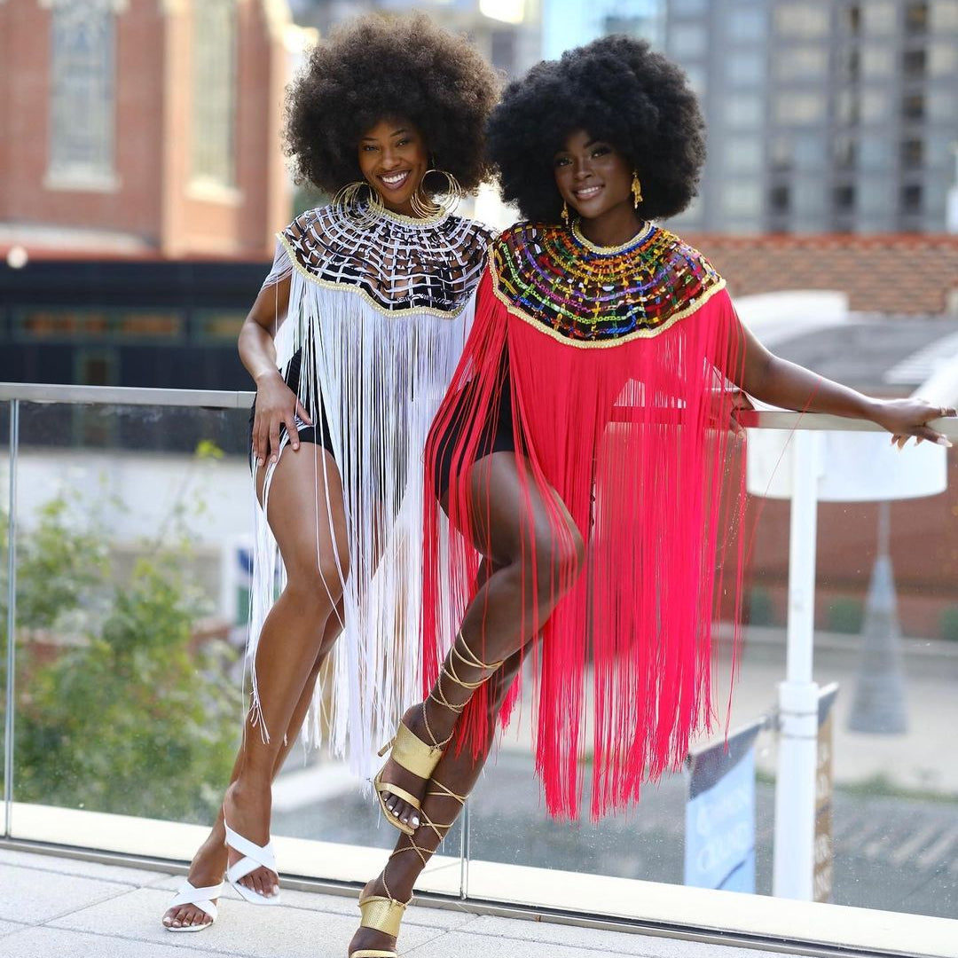 Queen Ankara Laced /Laticed Long Fringe Cape - Pearl Trim - Trufacebygrace