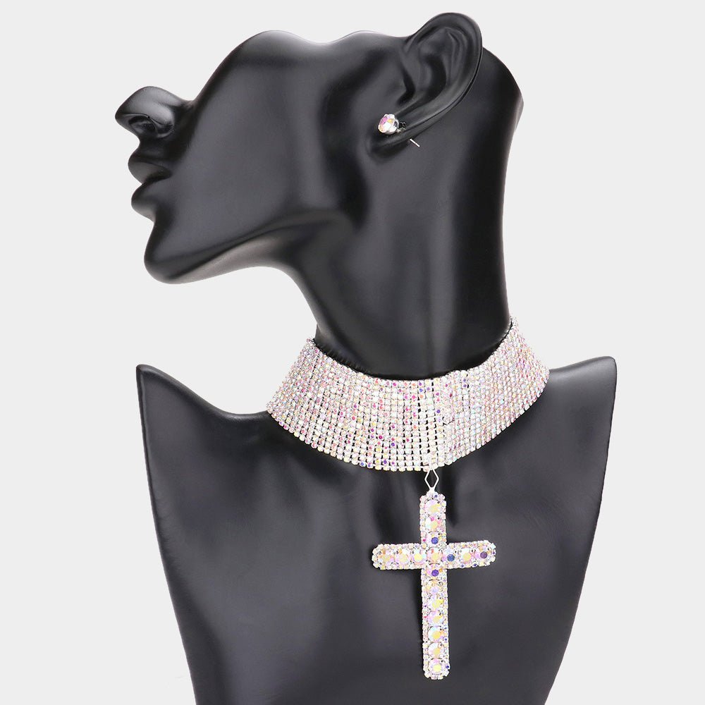Stone Cross Pendant Evening Choker Necklace - Trufacebygrace