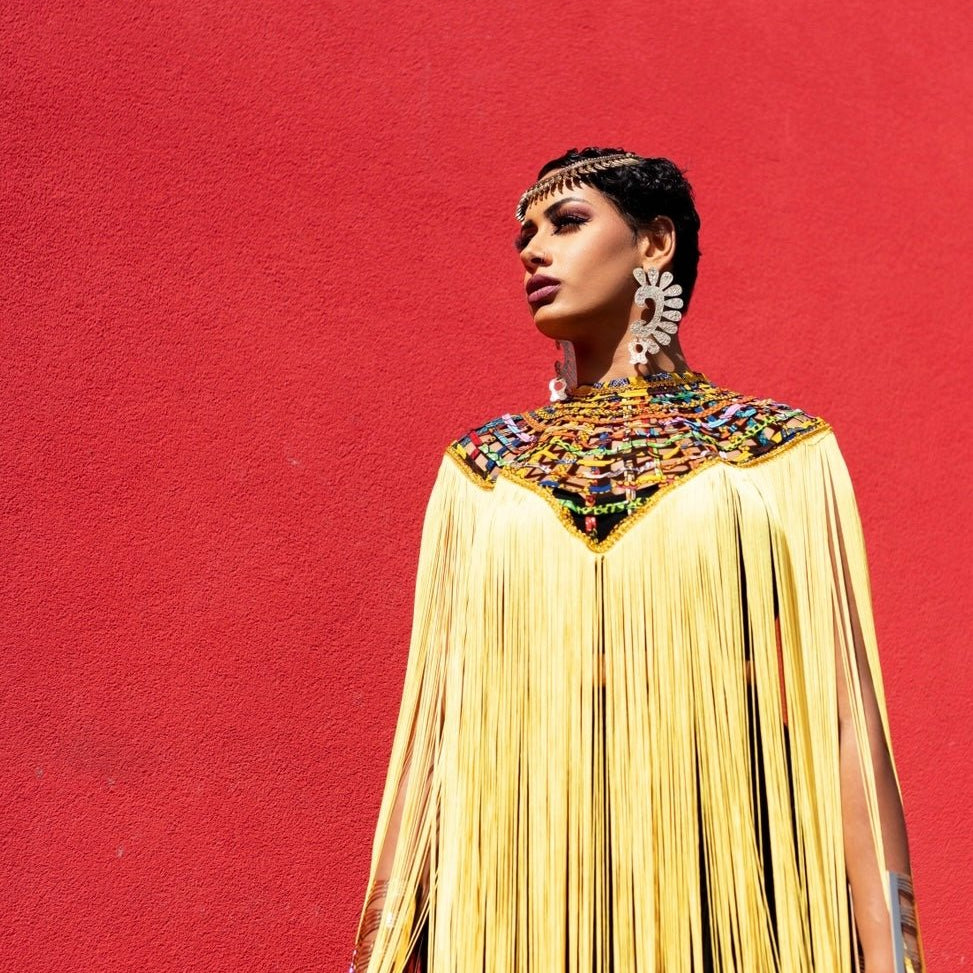 V shape Queen Ankara Laced Long Fringe Cape - Trufacebygrace
