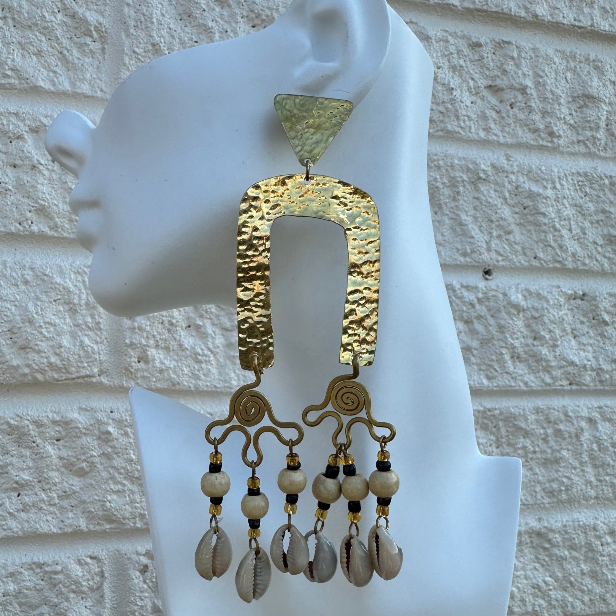 Zanele Hammered Brass and Cowry Earrings - Trufacebygrace
