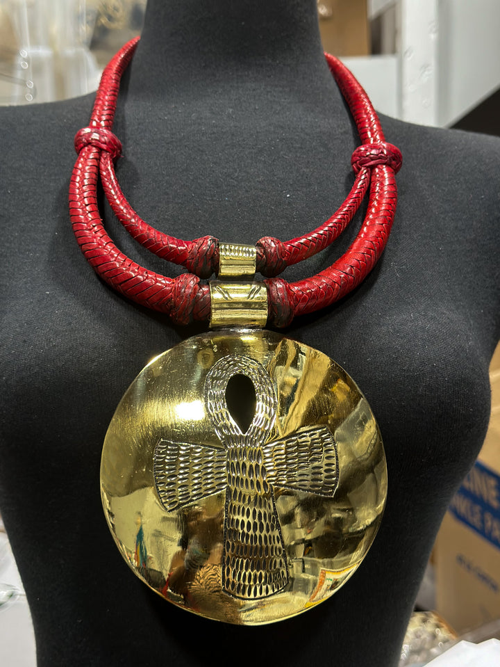 Papano Double leather and Oversized brass pendant Necklace
