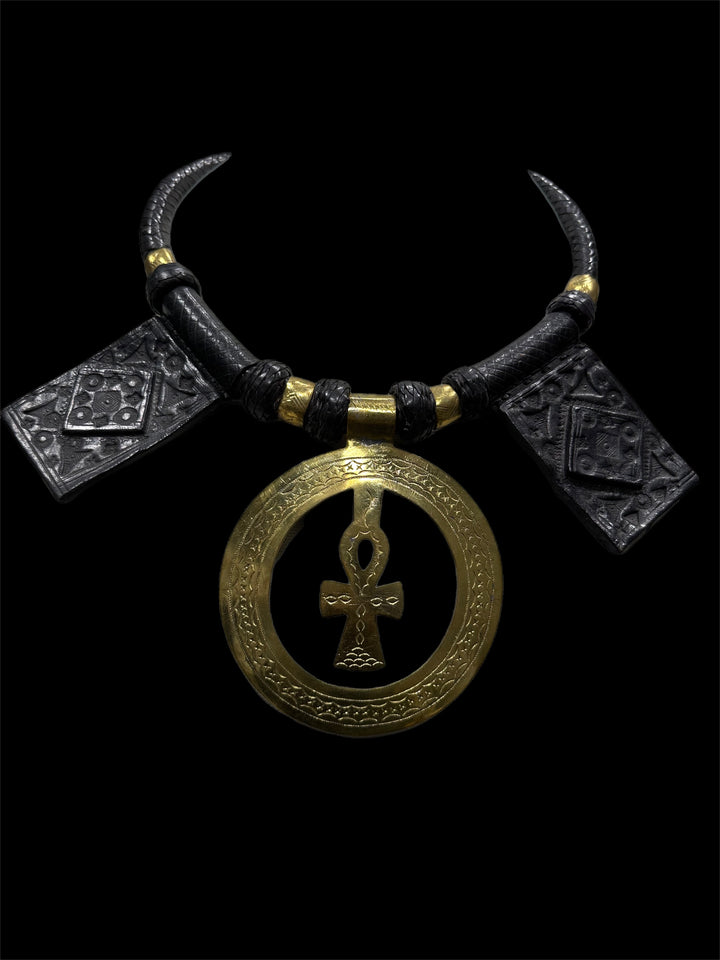 Issak  Genuine Leather and oversized Ankh Pendant Necklace