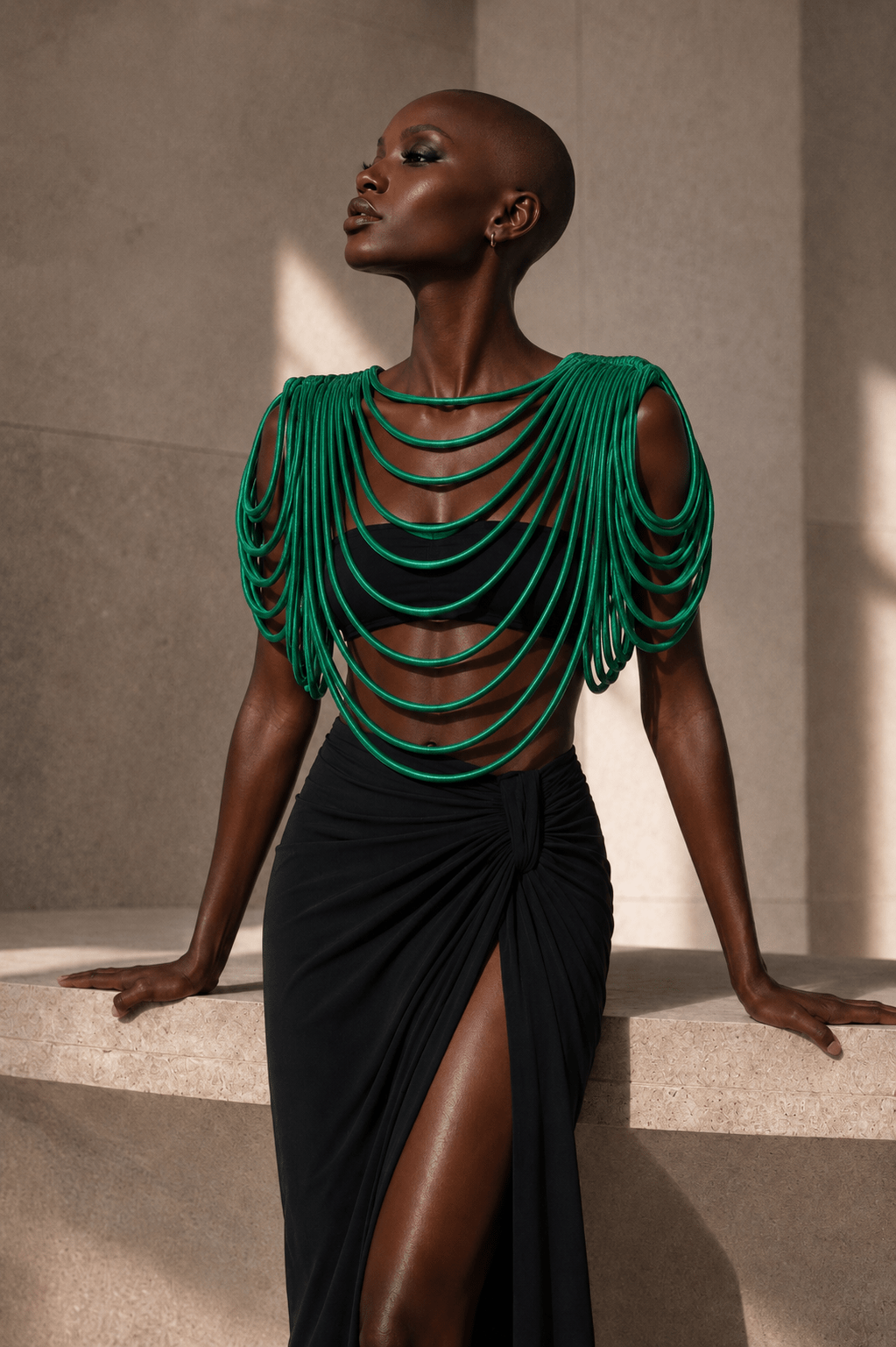 Model wearing the Eden Amour Necklace in green — chunky maximalist African statement jewelry from TruFaceByGrace