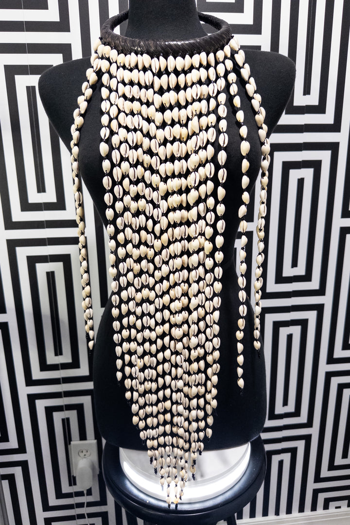 Meraki Extra Long vintage Vinyl, Cowry Shell and Leather Necklace